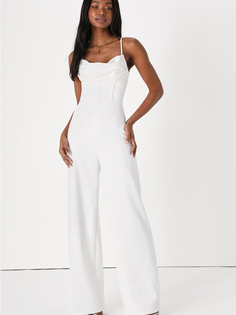 Lulu's White Cowl-Neck Wide-Leg Jumpsuit